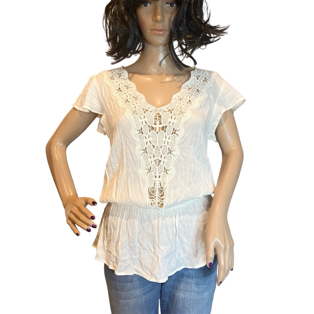Zara Ivory Lace Front Deep V-Neck Flutter Sleeves Peplum Top Blouse Sz Small NWT